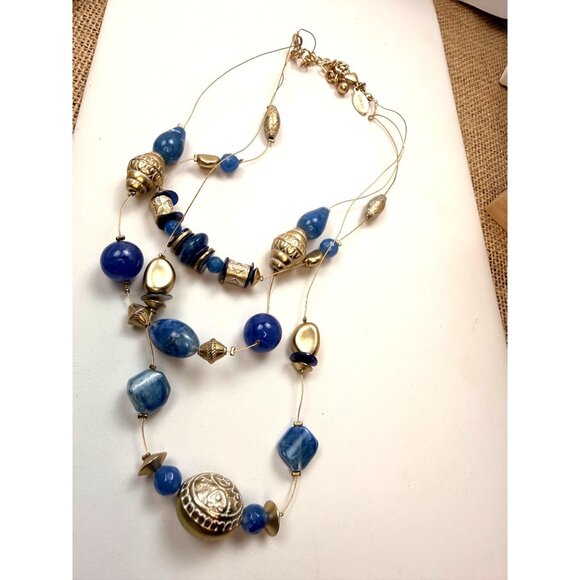 Chicos Gold & Blue Beaded Multi-Strand Necklace With Adjustable Clasp - Picture 4 of 6